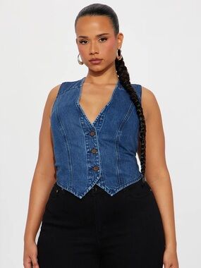 Denim Button Front Vest - Blue